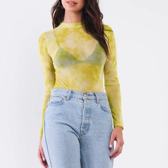 NWOT- Lelis Collection Neon Green Sheer Mesh Long Sleeve Mock Neck Bodysuit - Picture 2 of 9
